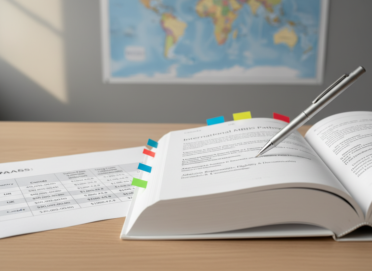 A close-up photographic view of a pristine white medical textbook titled “International MBBS Pathways” lying open on a light oak desk, with a fine-tipped pen underlining key sections about admission requirements. Colorful adhesive flags mark different chapters for various countries. To the side, a neatly printed comparison chart lists tuition fees and living costs by nation, partially visible. The background shows a softly blurred world map pinned to a matte wall. Soft, diffused afternoon light from an unseen window creates minimal shadows and a calm, analytical atmosphere. Shot from a slightly elevated angle with shallow depth of field focused on the text and pen tip, in clean, modern photographic realism, emphasizing clarity, planning, and informed decision-making for MBBS abroad.