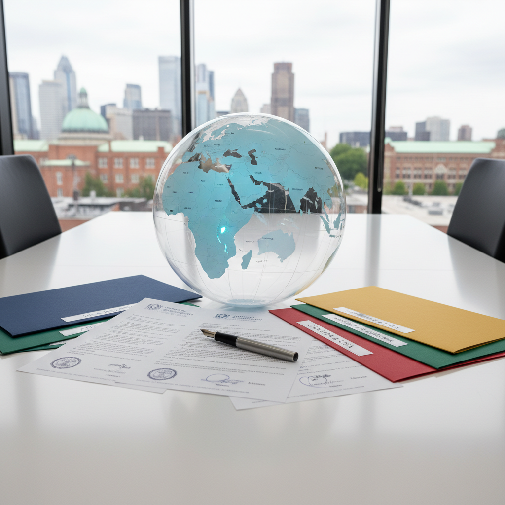 A large transparent acrylic globe placed on a sleek white conference table, several countries subtly illuminated in cool blue to represent MBBS destinations abroad. Around the globe lie neatly arranged medical acceptance letters, a metallic pen, and color-coded folders labeled with different countries. The setting is a glass-walled office with blurred skyscrapers and a distant university campus visible outside. Bright but diffused daylight floods the room, producing soft reflections on the globe’s surface and a calm, confident atmosphere. Captured from a slightly elevated angle in photographic realism, with shallow depth of field that keeps the globe and documents crisp while the background gently blurs, reinforcing a professional, trustworthy, globally connected brand image for international medical education guidance.