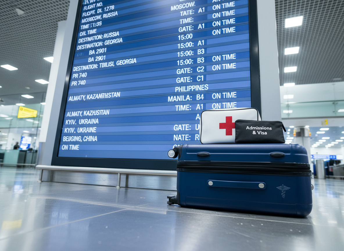 A sleek airport departure board in sharp photographic realism, dominated by rows of international destinations known for MBBS programs, such as Russia, Georgia, and the Philippines, each marked with on-time flights. In the foreground, perfectly stacked medical-themed luggage sits on a brushed metal floor: a hard-shell navy suitcase with a subtle caduceus symbol, a compact white carry-on with a red cross emblem, and an organized document pouch labeled “Admissions & Visa.” Overhead, cool, even terminal lighting casts soft reflections on the glossy surfaces, creating a sense of readiness and forward motion. Captured from a low-angle perspective with the departure board towering above, the composition is bold and dynamic, conveying the decisive moment of beginning an MBBS journey abroad.