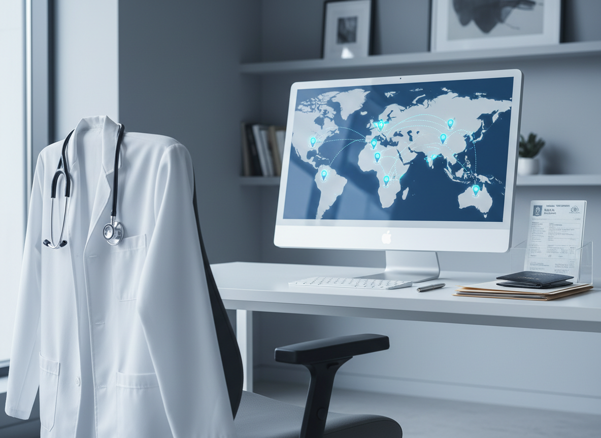 An immaculate white lab coat hanging on the back of a modern ergonomic office chair, with a stethoscope draped carefully over the collar, in front of a minimalist desk displaying a large computer monitor. On the screen, a detailed map of Europe and Asia shows highlighted medical universities and flight paths. Nearby, a neat stack of visa documents and a dark leather passport holder rest beside a sleek metal pen. The office is illuminated by soft, cool-toned overhead lighting and subtle daylight from a side window, creating gentle reflections on the monitor. Photographic realism at an eye-level composition, balanced using the rule of thirds, sharp focus throughout to convey precision, professionalism, and the organized process of securing an MBBS seat abroad.