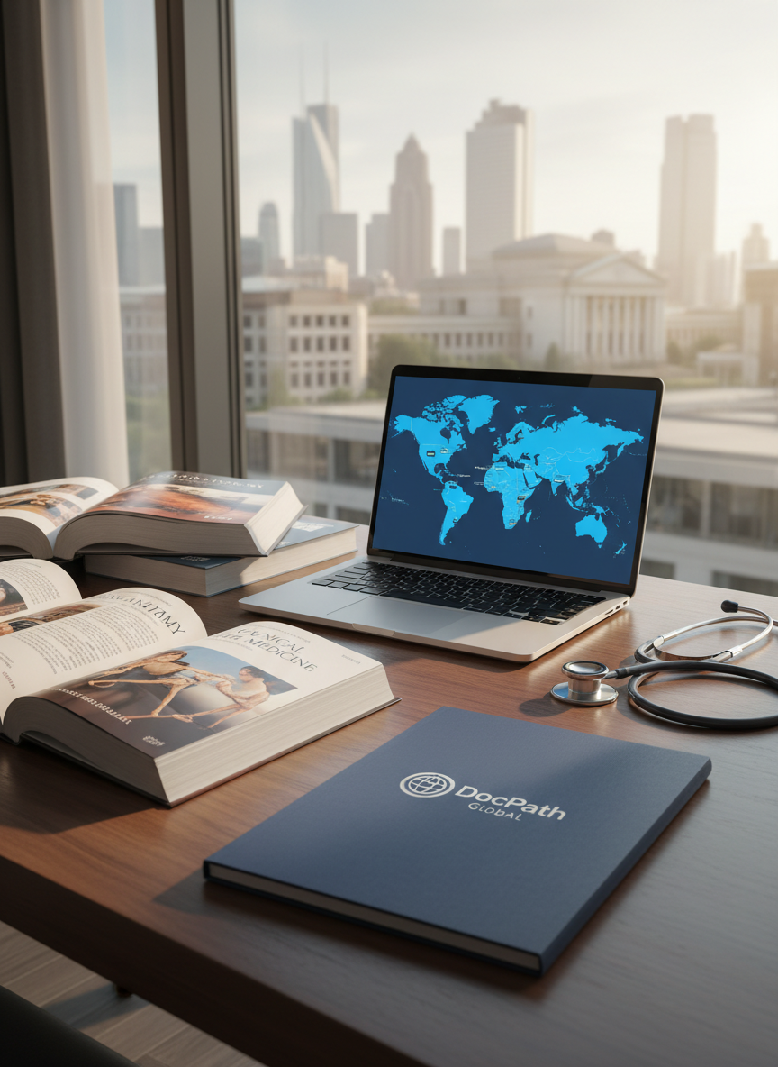 A polished dark-wood study desk neatly arranged with open medical textbooks, a silver laptop displaying a world map with highlighted countries, and a crisp navy-blue folder embossed with the DocPath Global logo. On the side rests a stethoscope coiled precisely, its stainless-steel chestpiece gleaming. The desk stands near a large glass window overlooking a modern international city skyline with university buildings in the distance. Soft morning daylight pours in, creating clean, directional highlights on the glossy book covers and laptop, with gentle shadows defining edges. Photographic realism, shot at eye level with a slight angle, sharp focus throughout, conveying a professional, aspirational mood about planning an MBBS journey abroad, with a clean, modern corporate aesthetic.